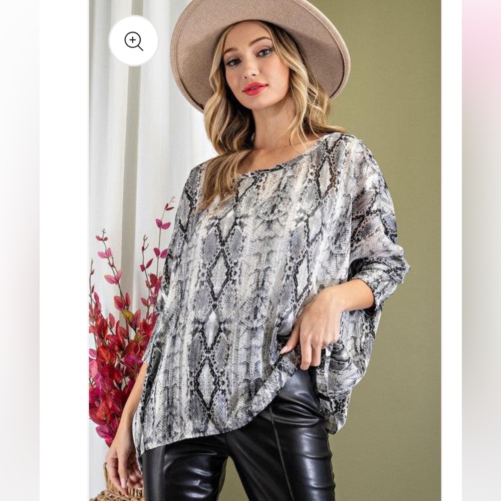 eesome Snakeskin Print Sheer Blouse Black Cream Gray Long Sleeve Oversized Top
